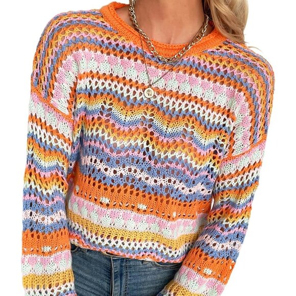 Womens Crocheted Rainbow Striped Sweater Long Flared Sleeves Crew Neck